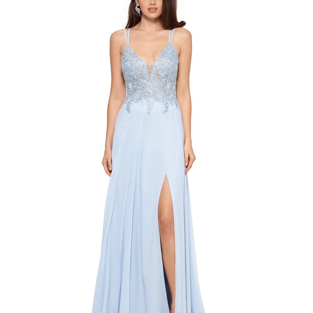 NEW W/ TAGS! LONG PROM DRESS XSCAPE A-LINE V-NECK BLUE FORMAL GOWN SIZE 6
